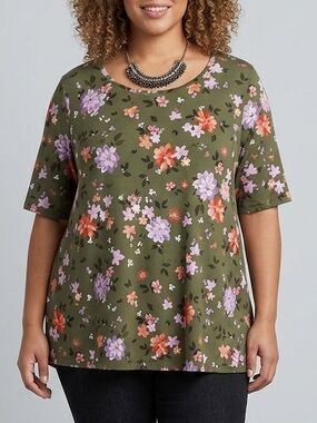 😍SHOW SPECIAL ADDITION ELLE Modern Cut Green Floral Short Sleeve T-Shirt 3X